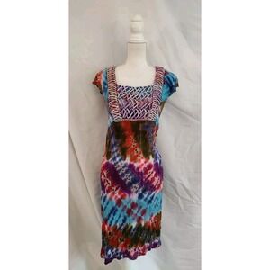 Parsley & Sage Dress Boho Hippie Festival Tie Dye Rayon Loop Embroidery Detail S